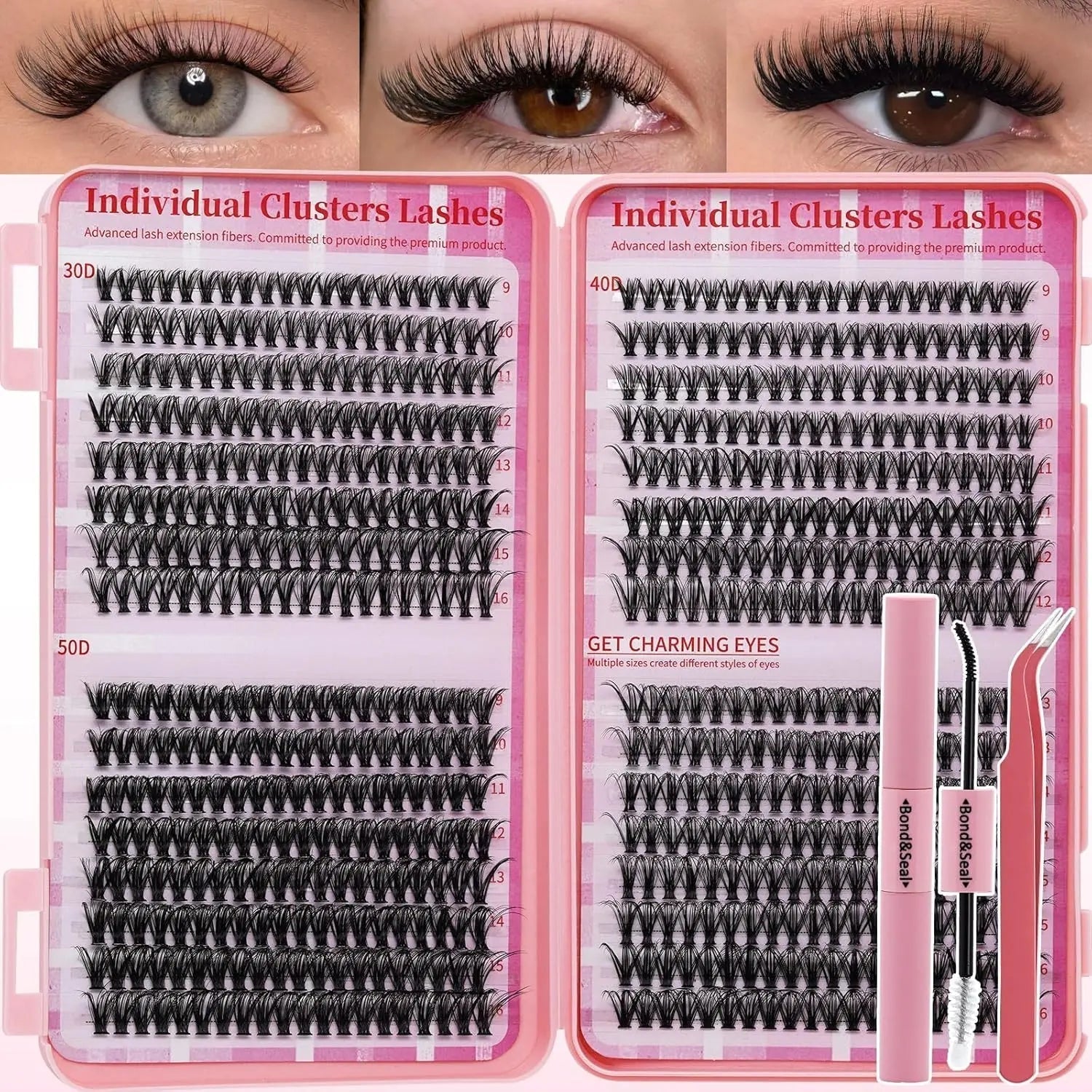 Lash Extension Kit DIY Lash Clusters Kit Cluster Lashes Mixed Tray Eyelash Extension Kit Soft Individual Lashes with Lash Bond and Seal,Lash Tweezers Natural Look