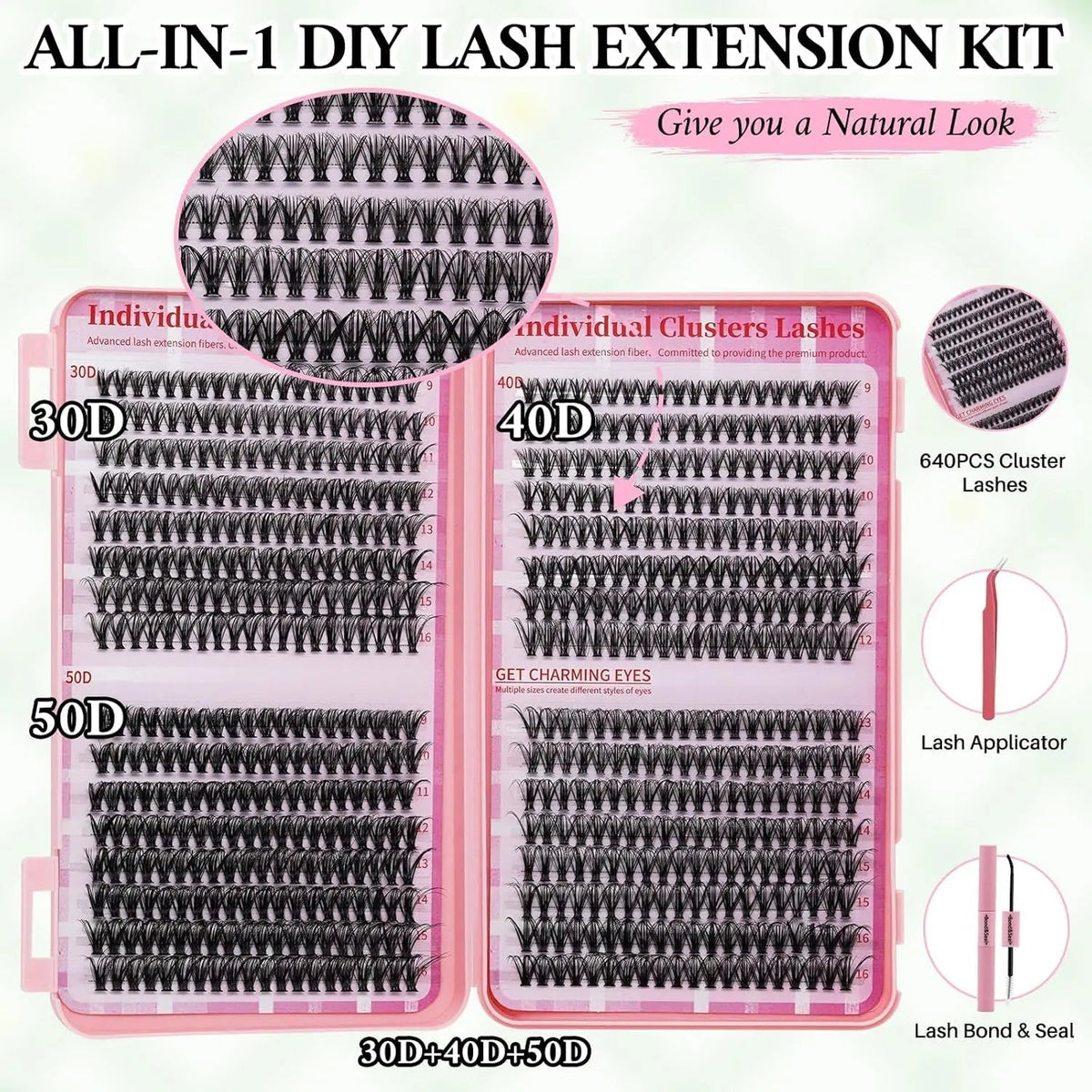 Lash Extension Kit DIY Lash Clusters Kit Cluster Lashes Mixed Tray Eyelash Extension Kit Soft Individual Lashes with Lash Bond and Seal,Lash Tweezers Natural Look