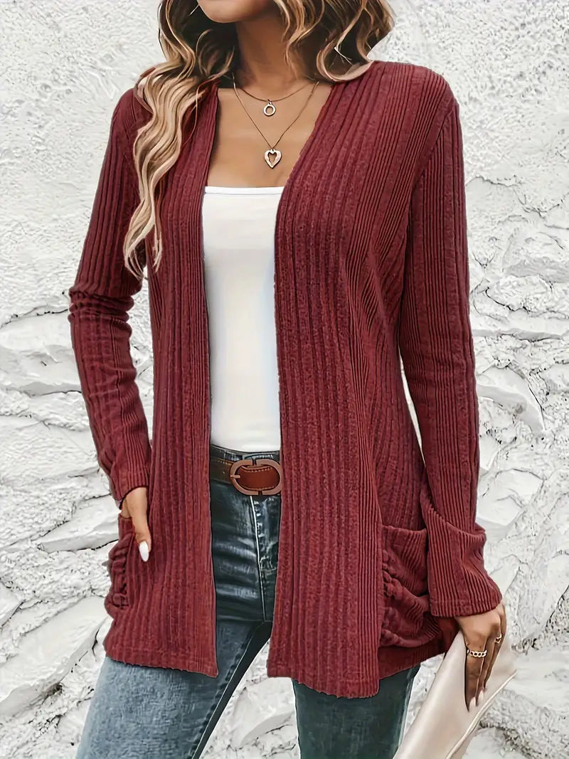 Sfrcord® Solide Strickjacke mit offener Vorderseite und Rippenmuster